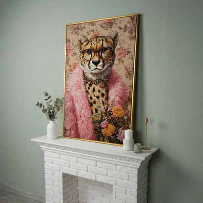 Chic Cheetah with Glasses Canvas Print in yellow gold floating frame