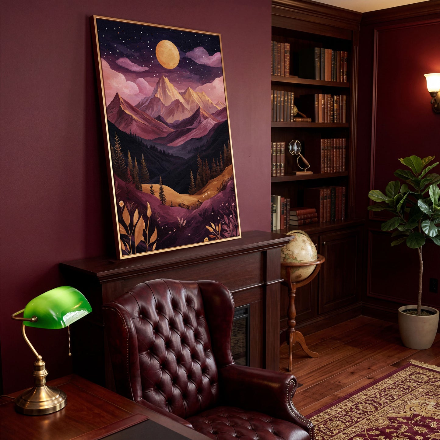 Mystic Mountains Twilight Scenery Canvas Print in antique gold floating frame