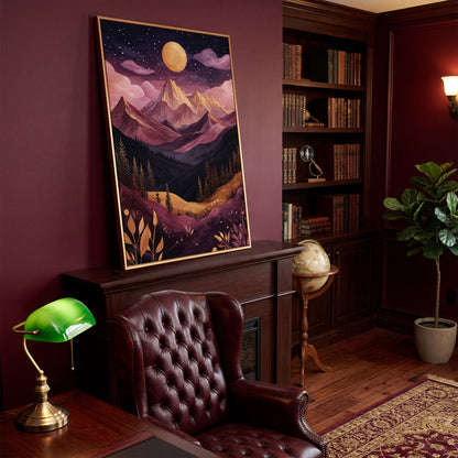 Mystic Mountains Twilight Scenery Canvas Print in antique gold floating frame