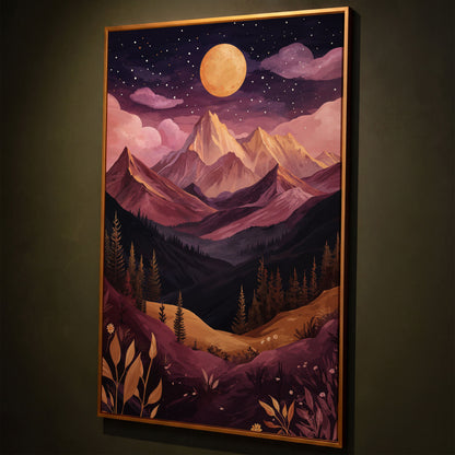Mystic Mountains Twilight Scenery Canvas Print shown in antique gold floating frame