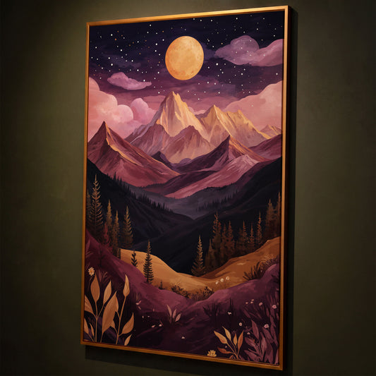 Mystic Mountains Twilight Scenery Canvas Print shown in antique gold floating frame
