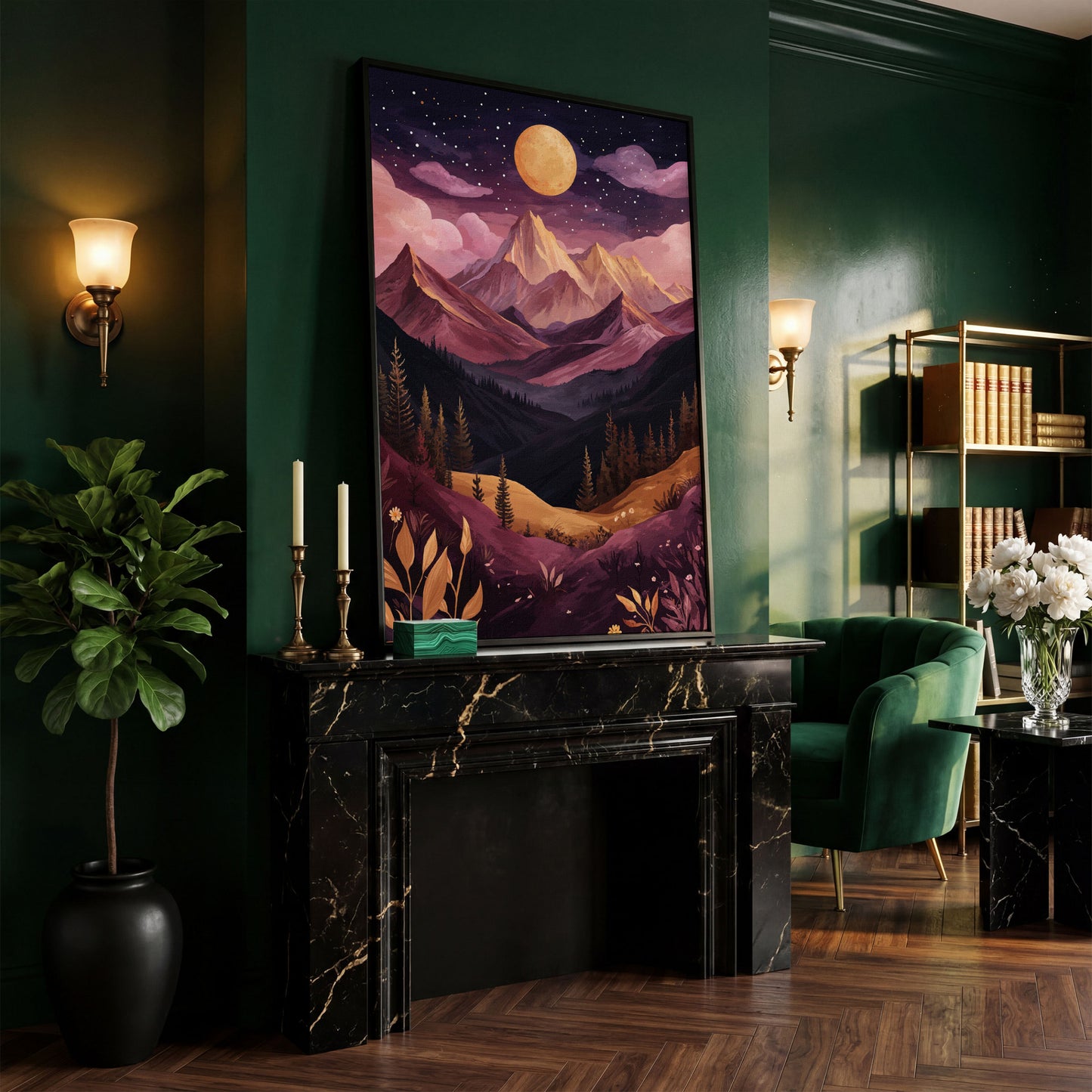 Mystic Mountains Twilight Scenery Canvas Print in black floating frame