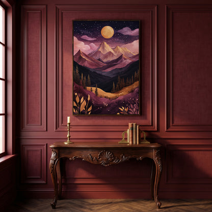 Mystic Mountains Twilight Scenery Canvas Print in dark walnut floating frame