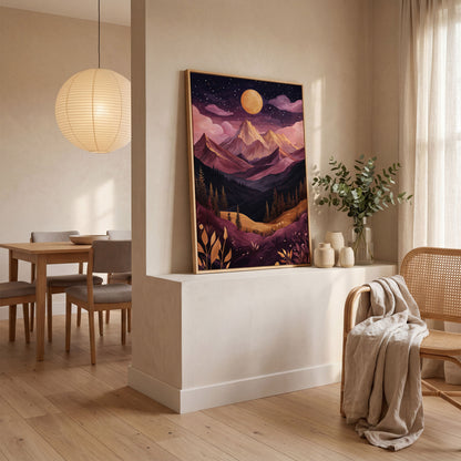 Mystic Mountains Twilight Scenery Canvas Print in white oak floating frame