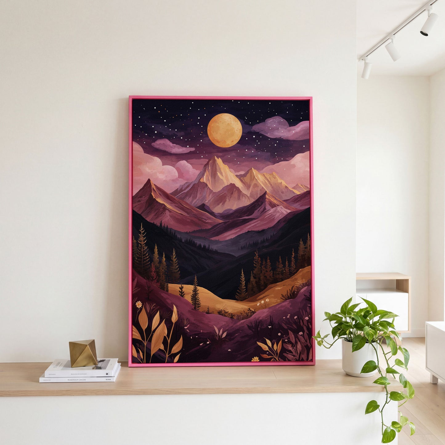 Mystic Mountains Twilight Scenery Canvas Print in pink floating frame