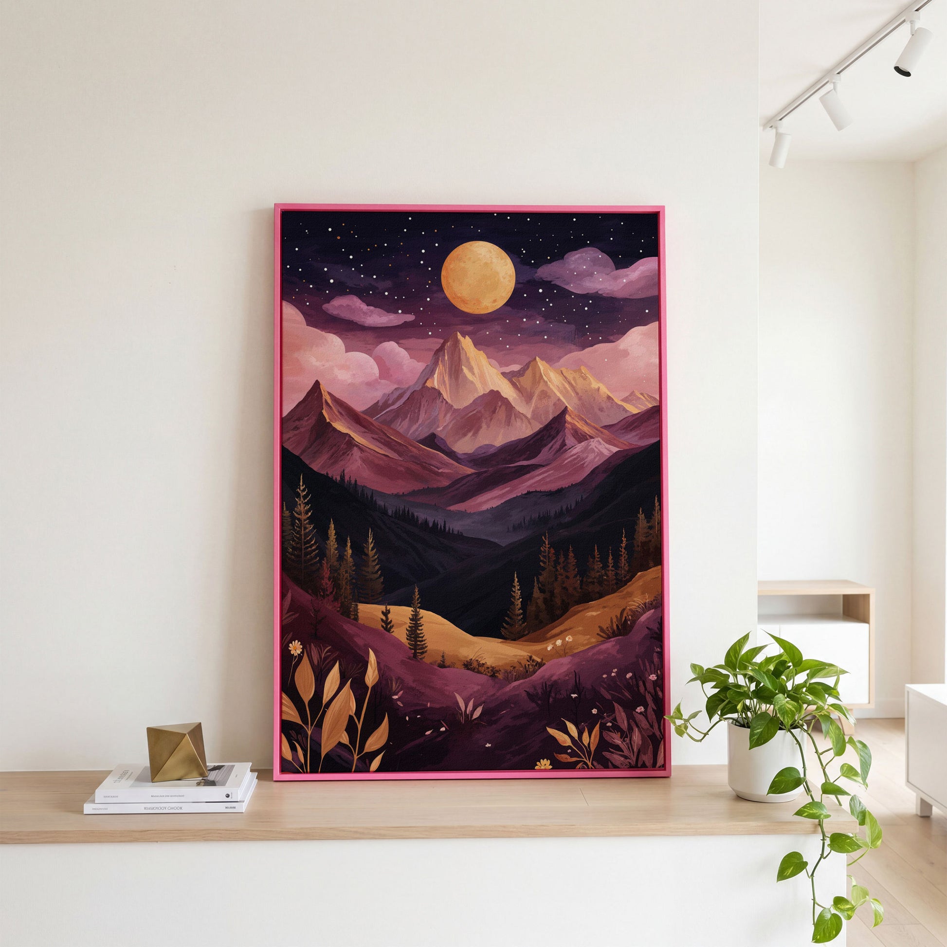 Mystic Mountains Twilight Scenery Canvas Print in pink floating frame