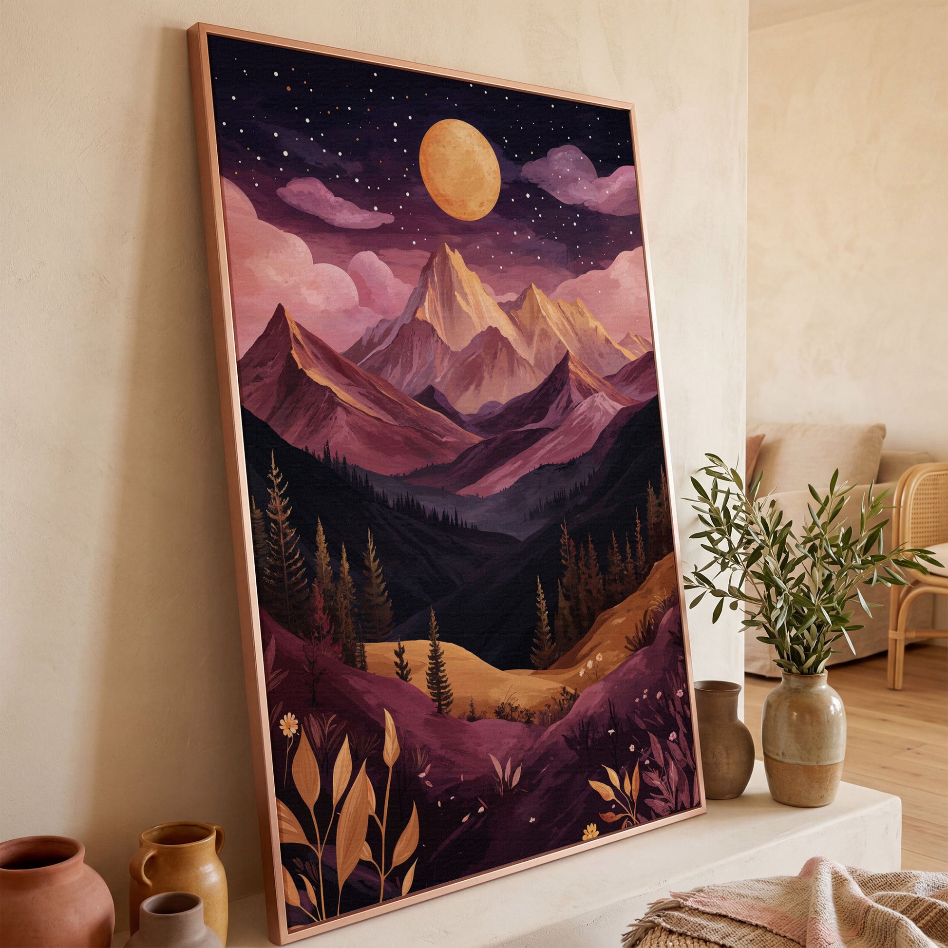 Mystic Mountains Twilight Scenery Canvas Print in rose gold floating frame