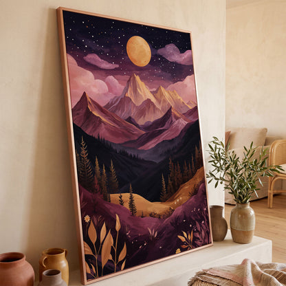 Mystic Mountains Twilight Scenery Canvas Print in rose gold floating frame