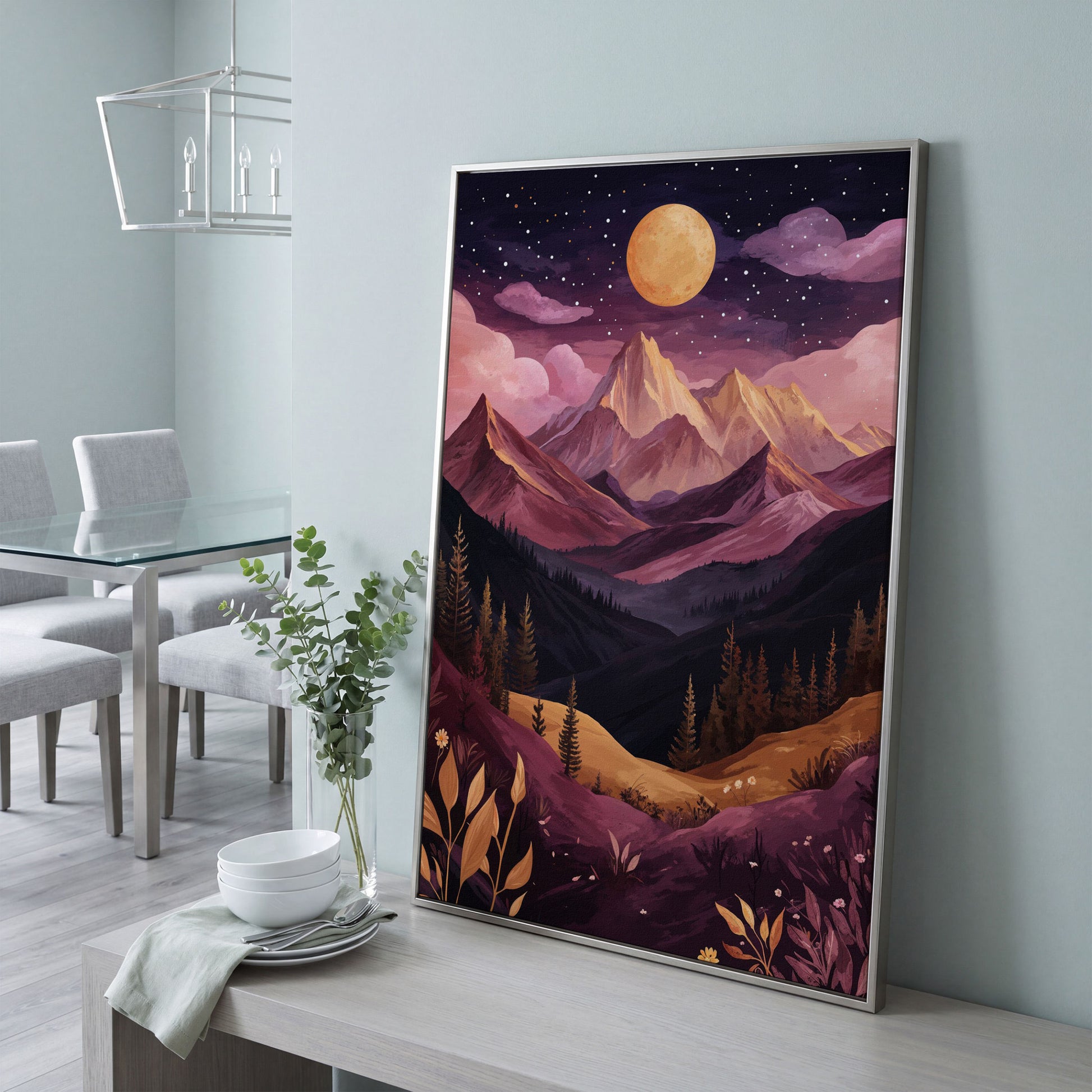 Mystic Mountains Twilight Scenery Canvas Print in silver floating frame