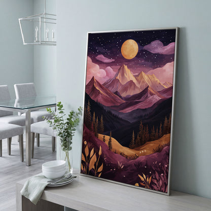 Mystic Mountains Twilight Scenery Canvas Print in silver floating frame