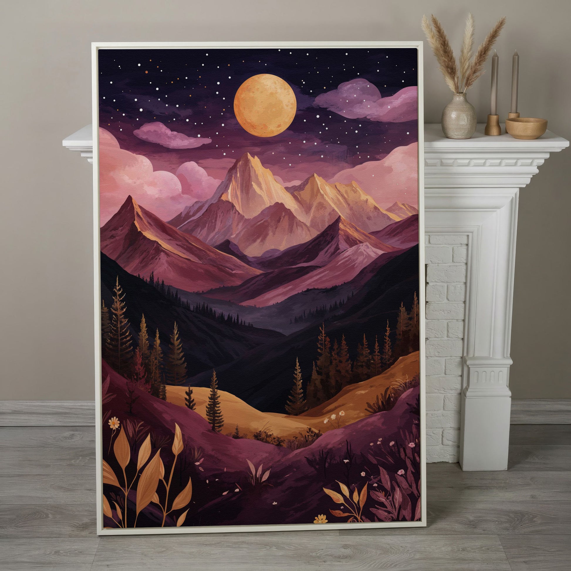 Mystic Mountains Twilight Scenery Canvas Print in white floating frame