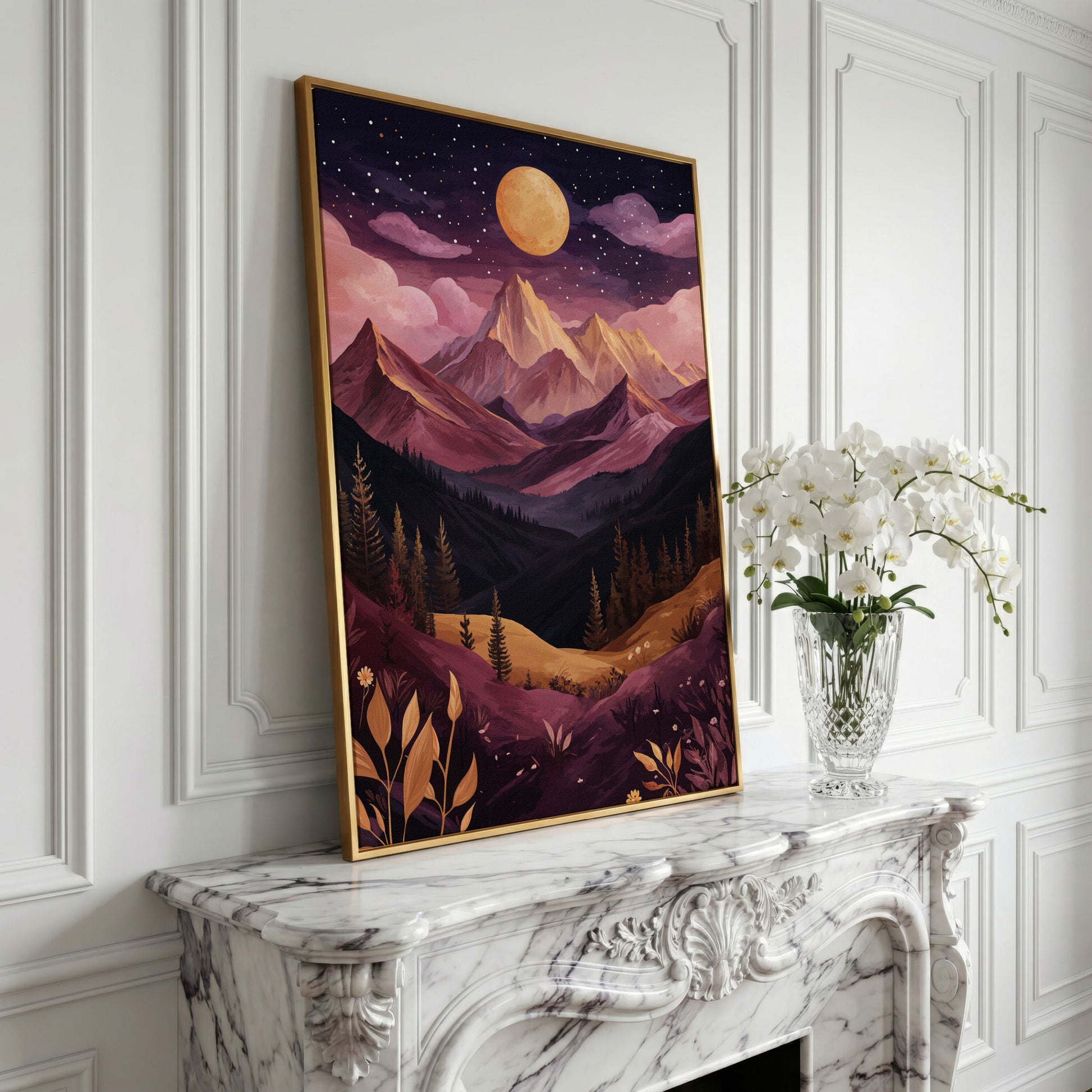 Mystic Mountains Twilight Scenery Canvas Print in yellow gold floating frame