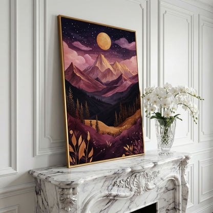 Mystic Mountains Twilight Scenery Canvas Print in yellow gold floating frame