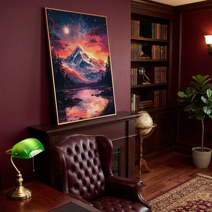 Starry Mountain with Pink Sky Canvas Print in antique gold floating frame