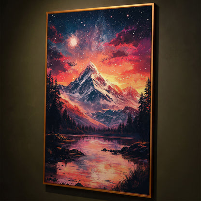 Starry Mountain with Pink Sky Canvas Print shown in antique gold floating frame