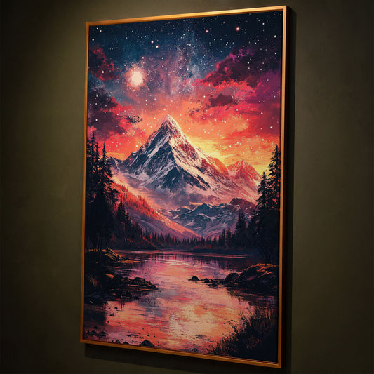 Starry Mountain with Pink Sky Canvas Print shown in antique gold floating frame