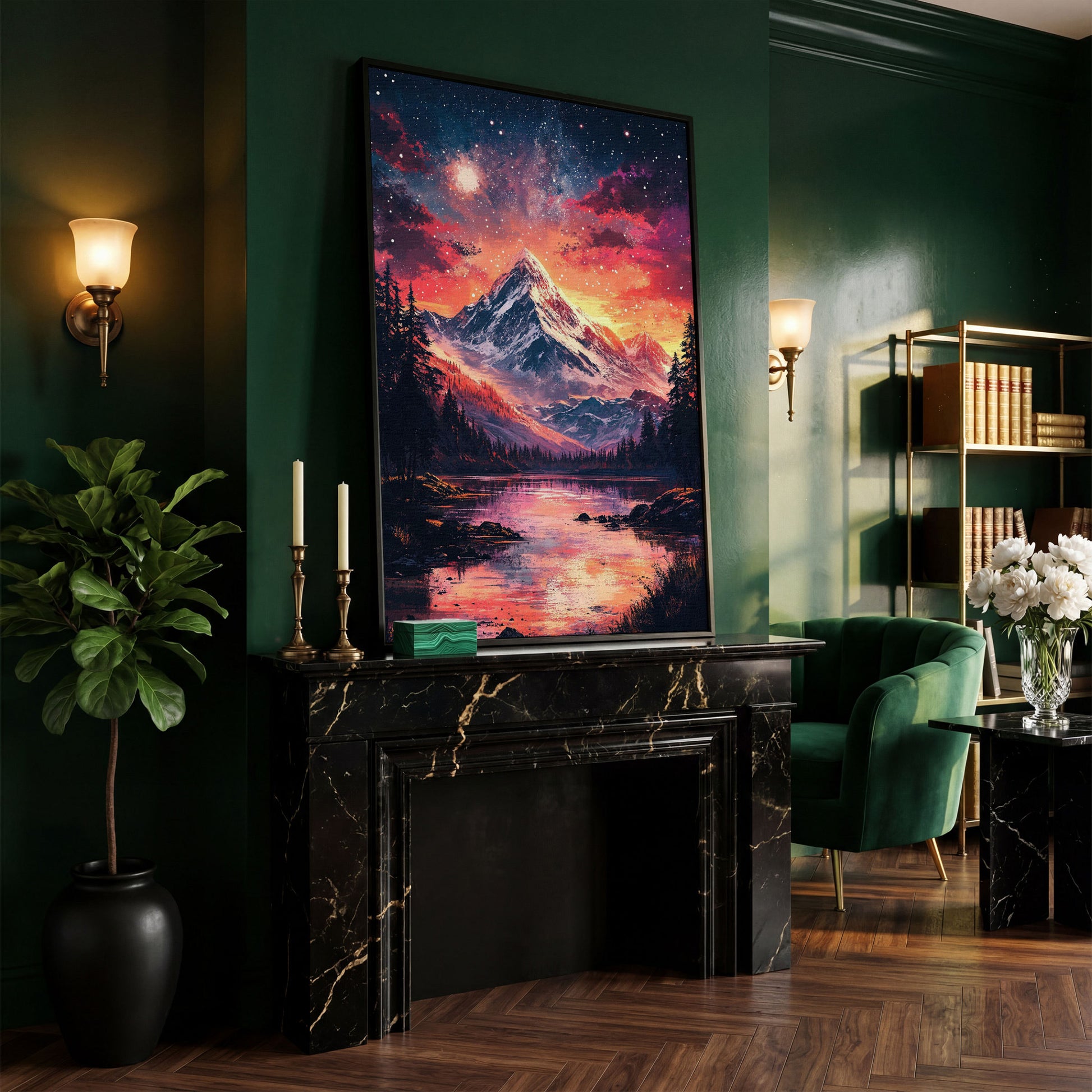 Starry Mountain with Pink Sky Canvas Print in black floating frame