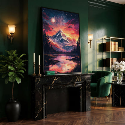 Starry Mountain with Pink Sky Canvas Print in black floating frame