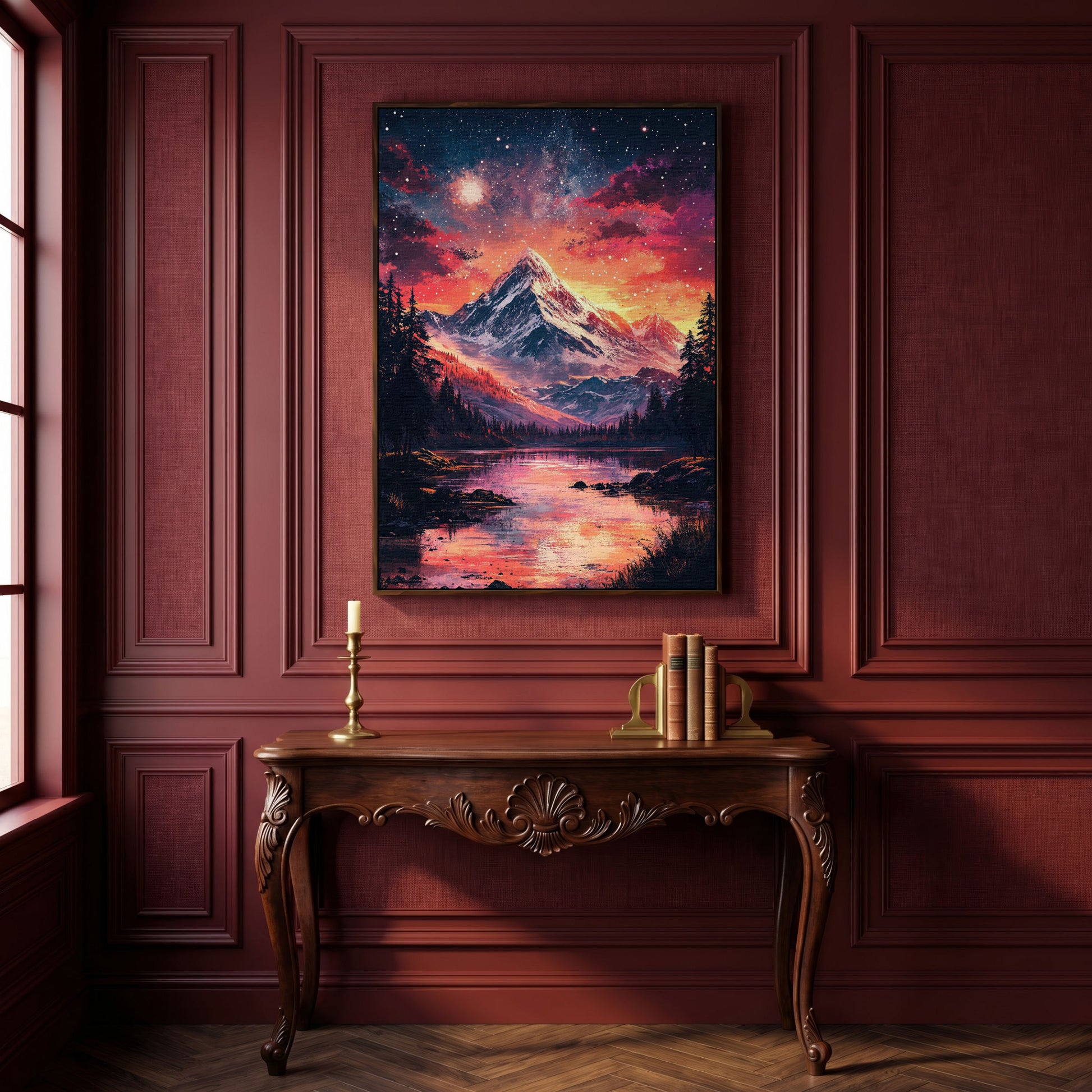Starry Mountain with Pink Sky Canvas Print in dark walnut floating frame