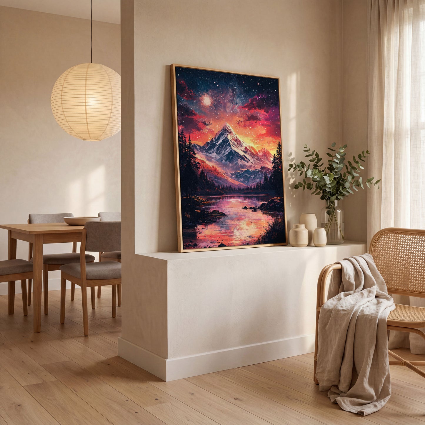 Starry Mountain with Pink Sky Canvas Print in white oak floating frame