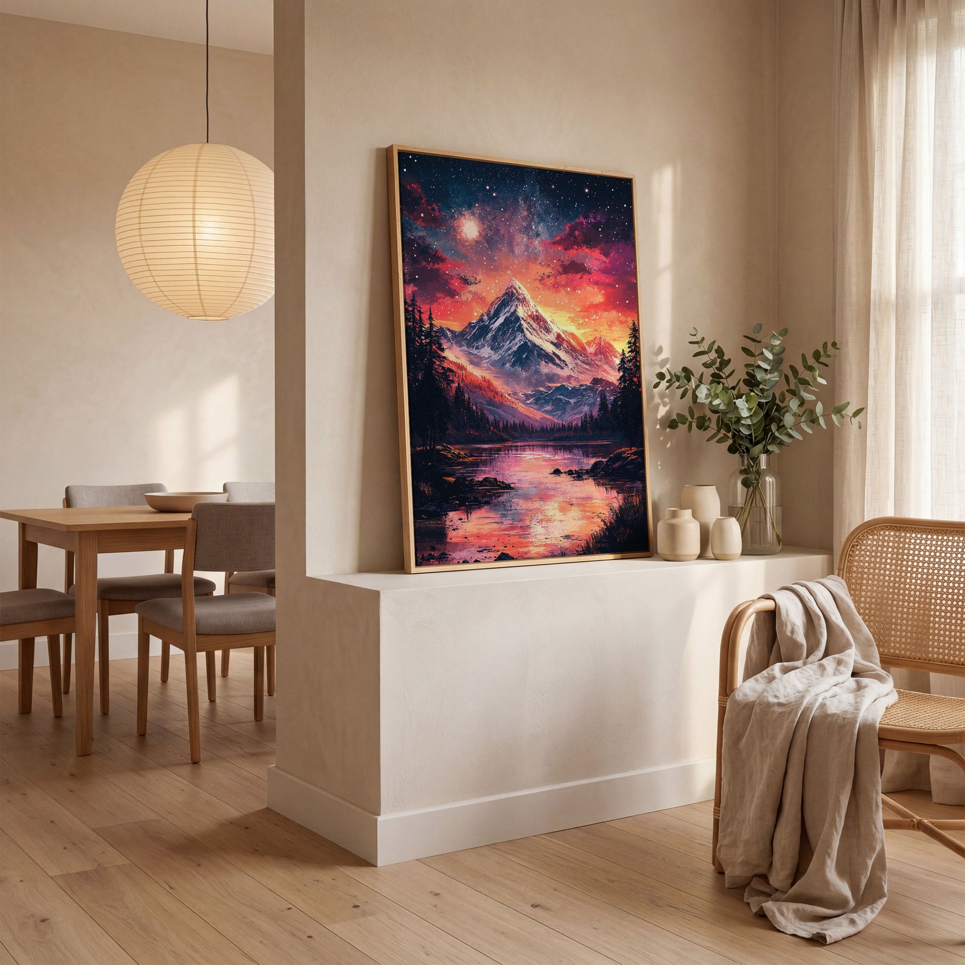 Starry Mountain with Pink Sky Canvas Print in white oak floating frame