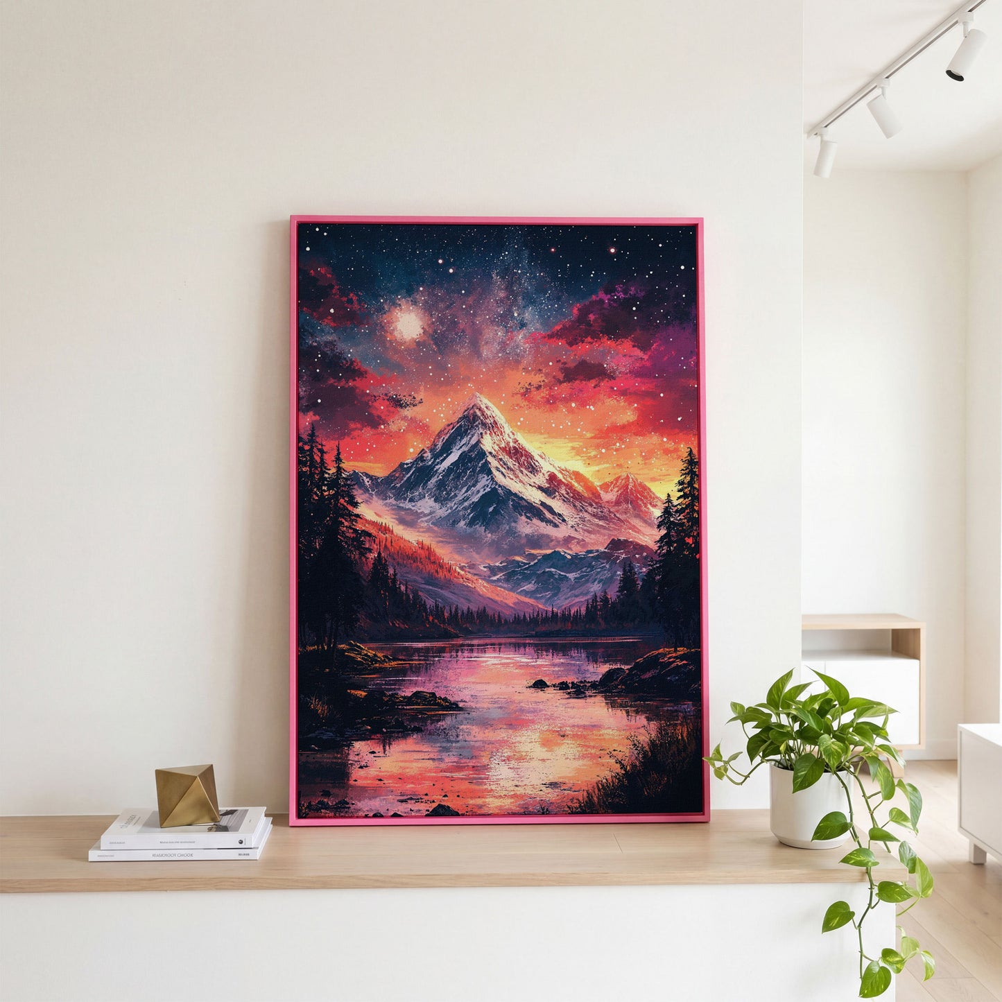 Starry Mountain with Pink Sky Canvas Print in pink floating frame