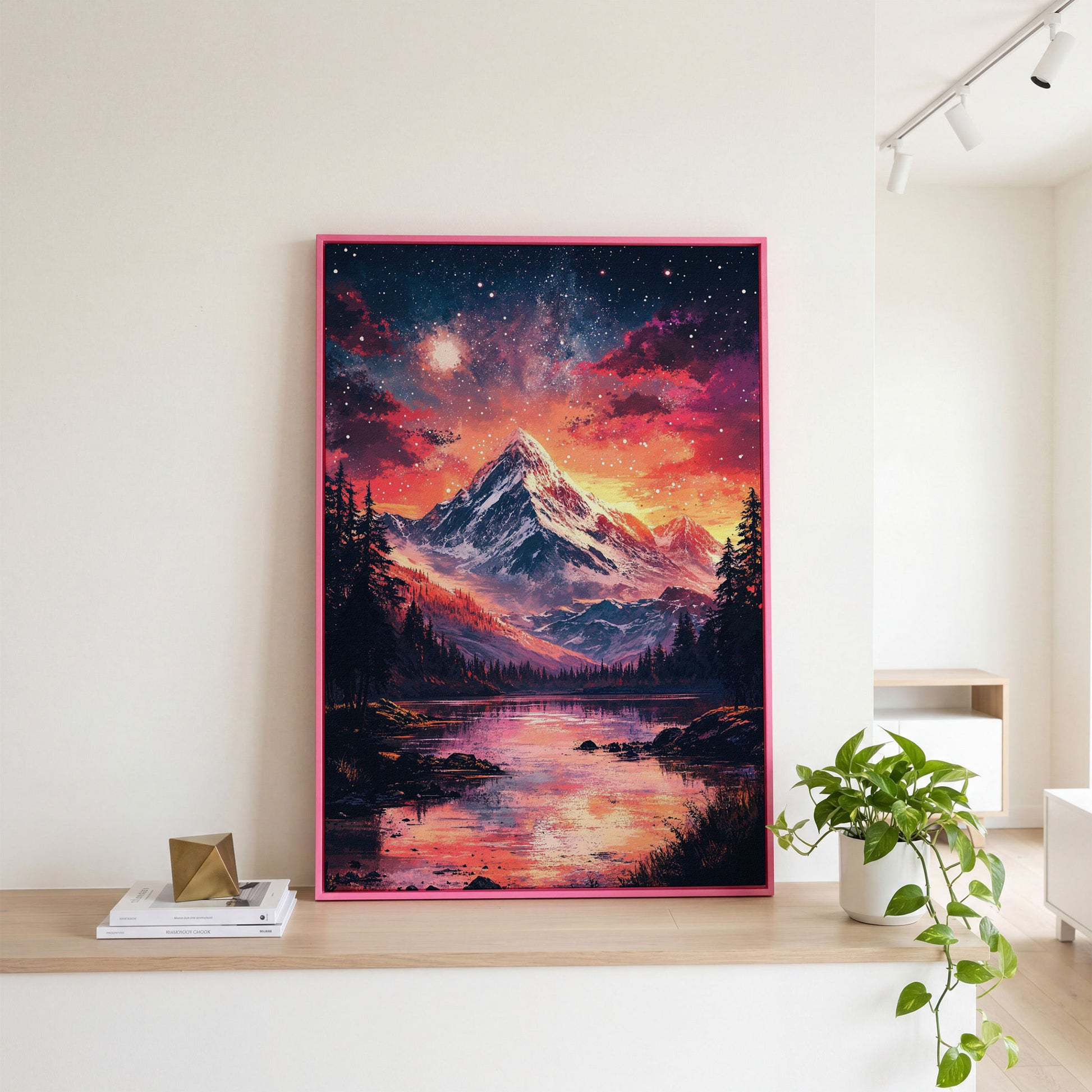 Starry Mountain with Pink Sky Canvas Print in pink floating frame