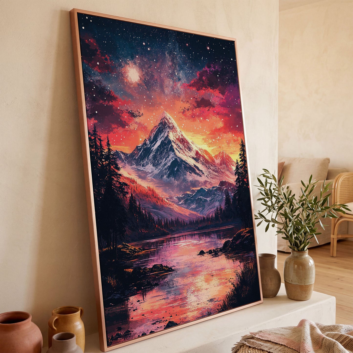 Starry Mountain with Pink Sky Canvas Print in rose gold floating frame