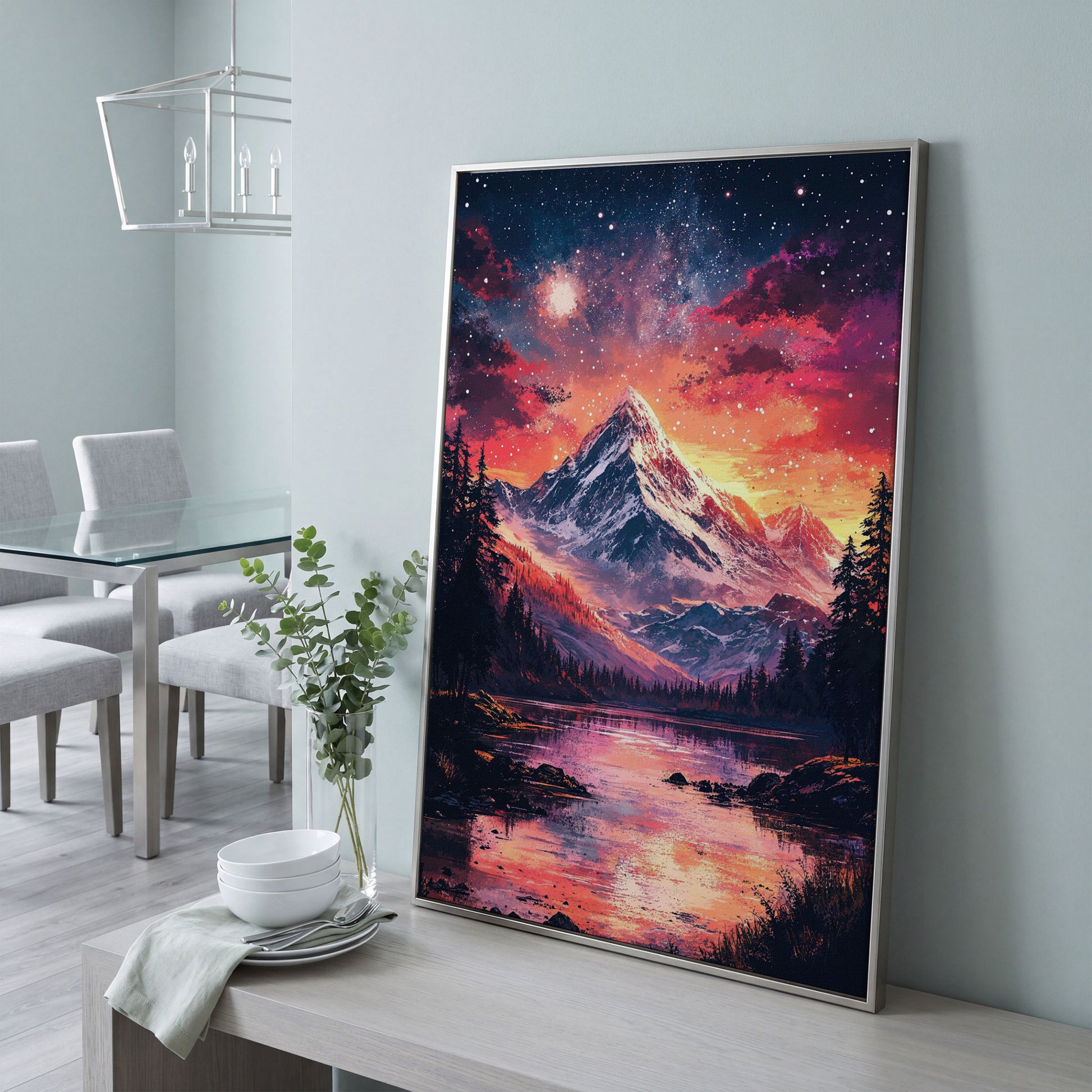 Starry Mountain with Pink Sky Canvas Print in silver floating frame
