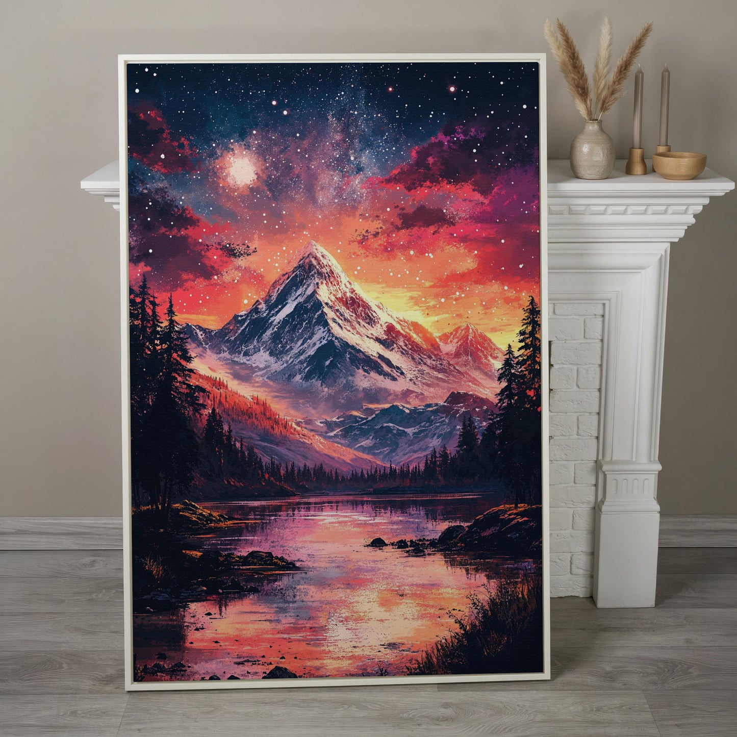 Starry Mountain with Pink Sky Canvas Print in white floating frame