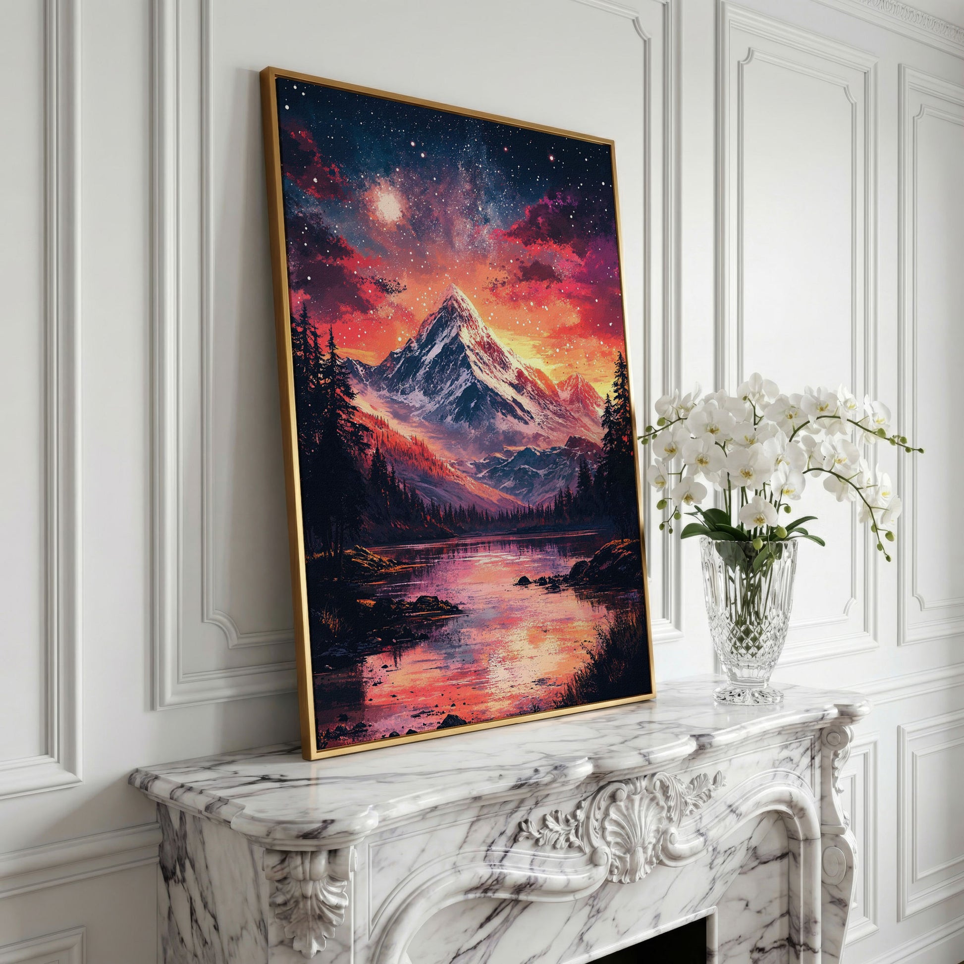 Starry Mountain with Pink Sky Canvas Print in yellow gold floating frame