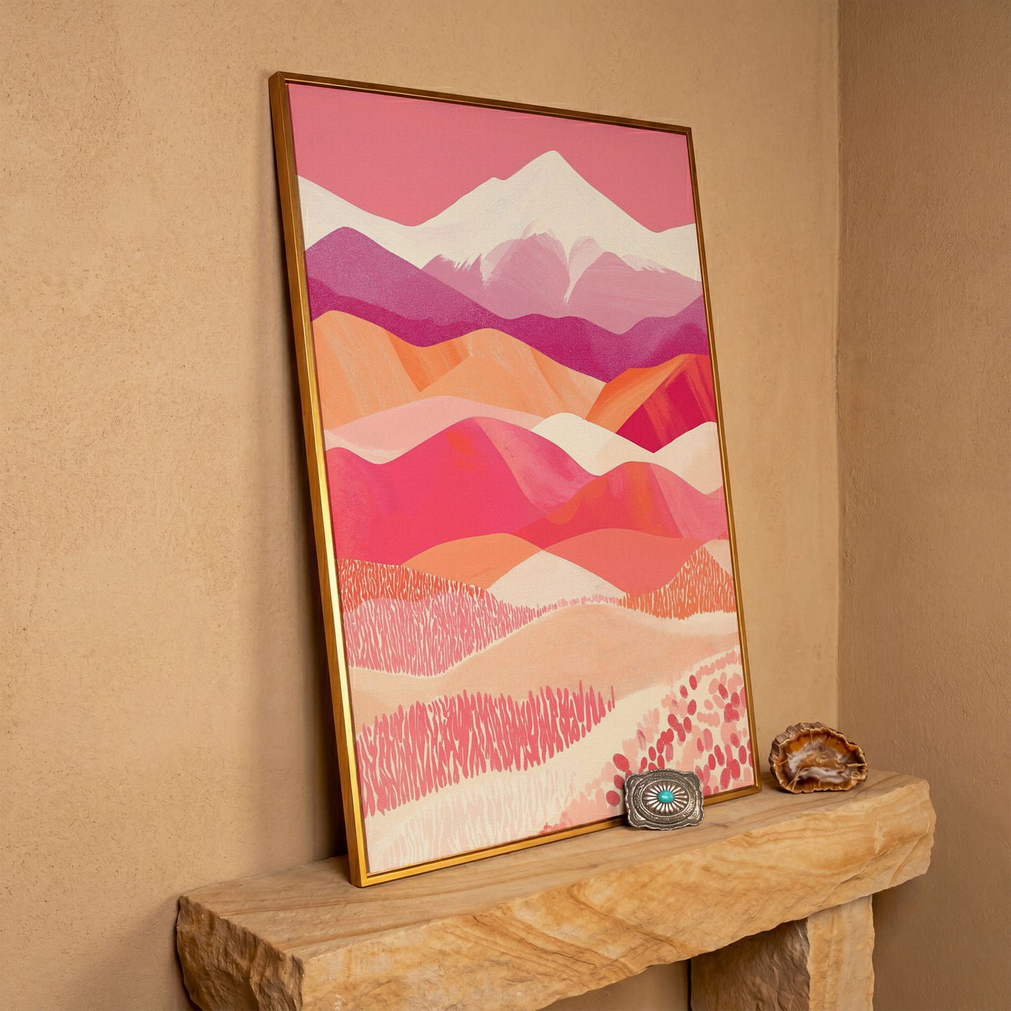 Pink Abstract Landscape Canvas for Bedroom in antique gold floating frame