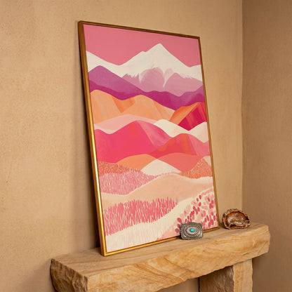Pink Abstract Landscape Canvas for Bedroom in antique gold floating frame