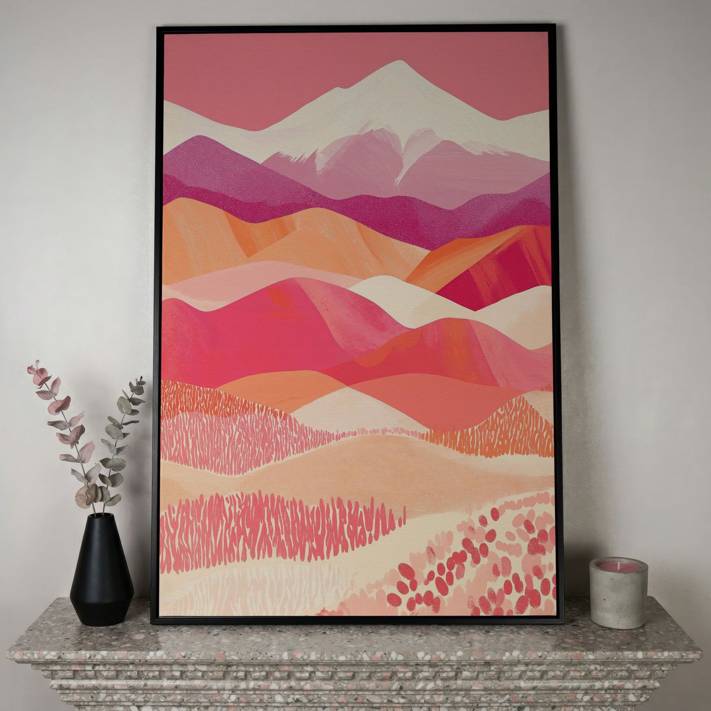 Pink Abstract Landscape Canvas for Bedroom in black floating frame