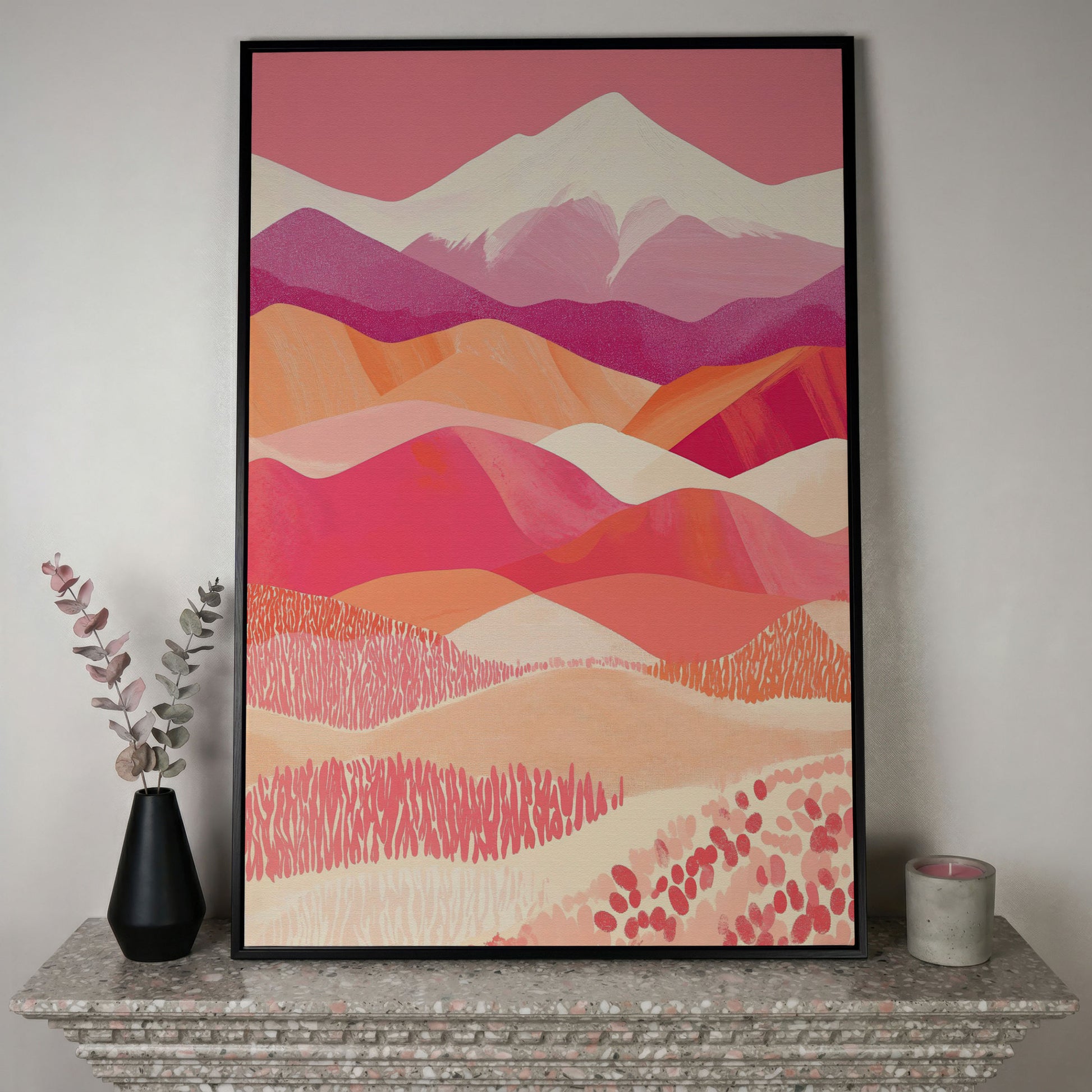 Pink Abstract Landscape Canvas for Bedroom in black floating frame