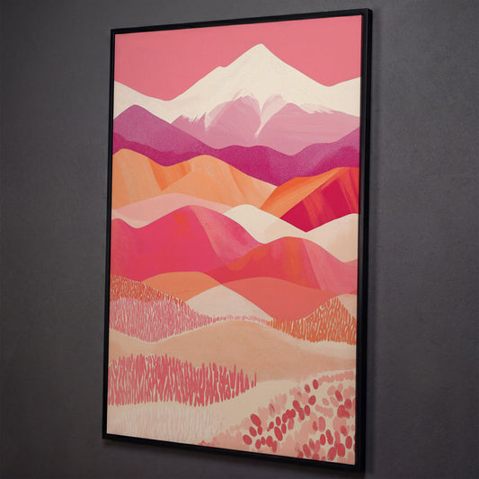 Pink Abstract Landscape Canvas for Bedroom shown in black floating frame