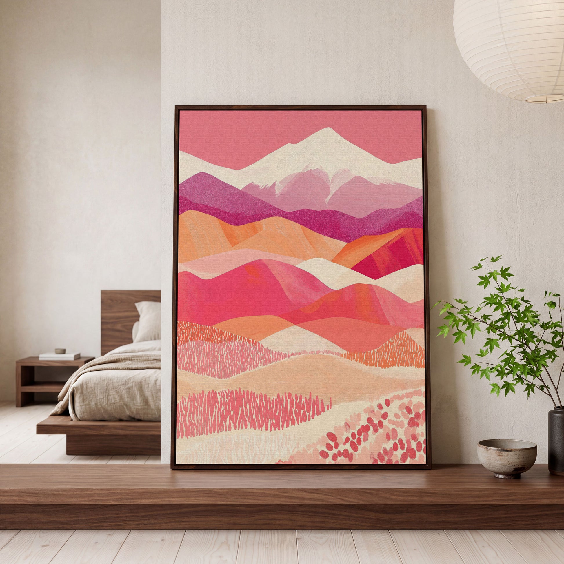 Pink Abstract Landscape Canvas for Bedroom in dark walnut floating frame