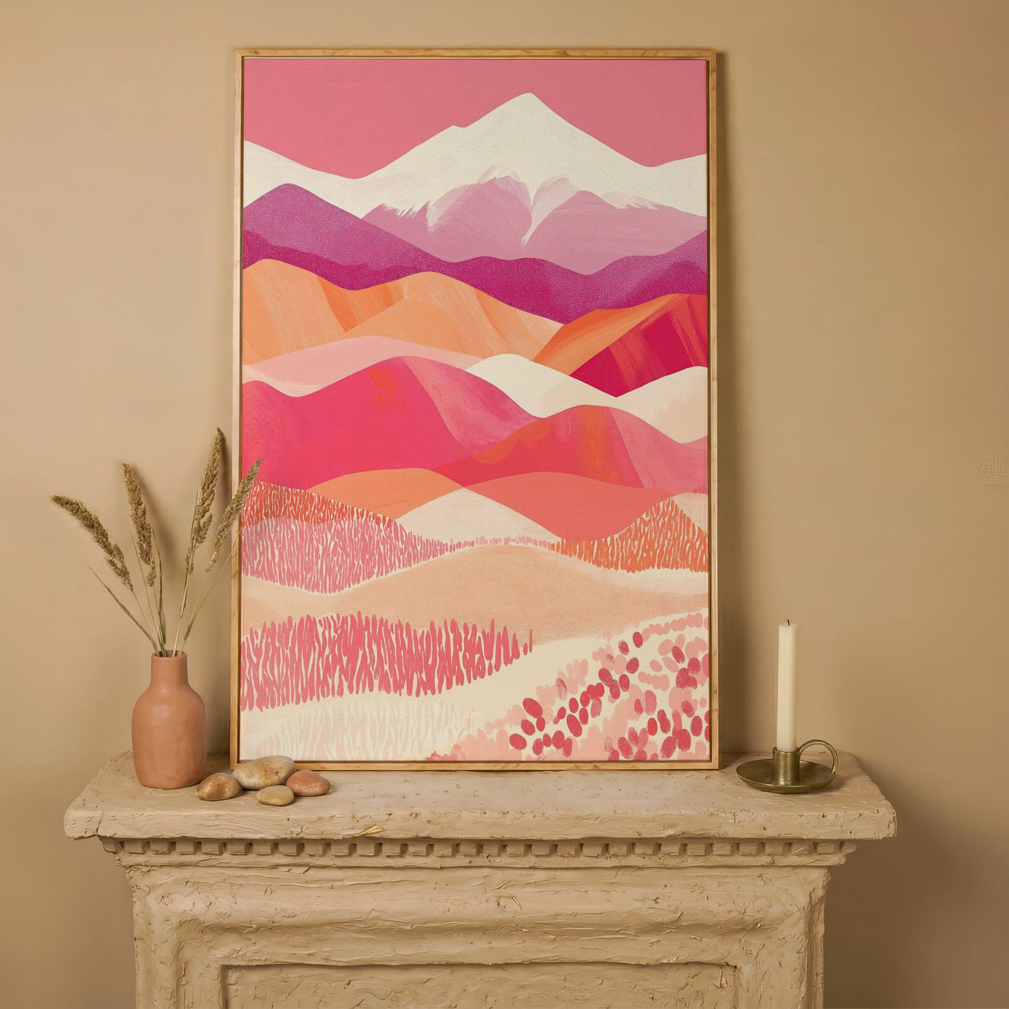 Pink Abstract Landscape Canvas for Bedroom in white oak floating frame