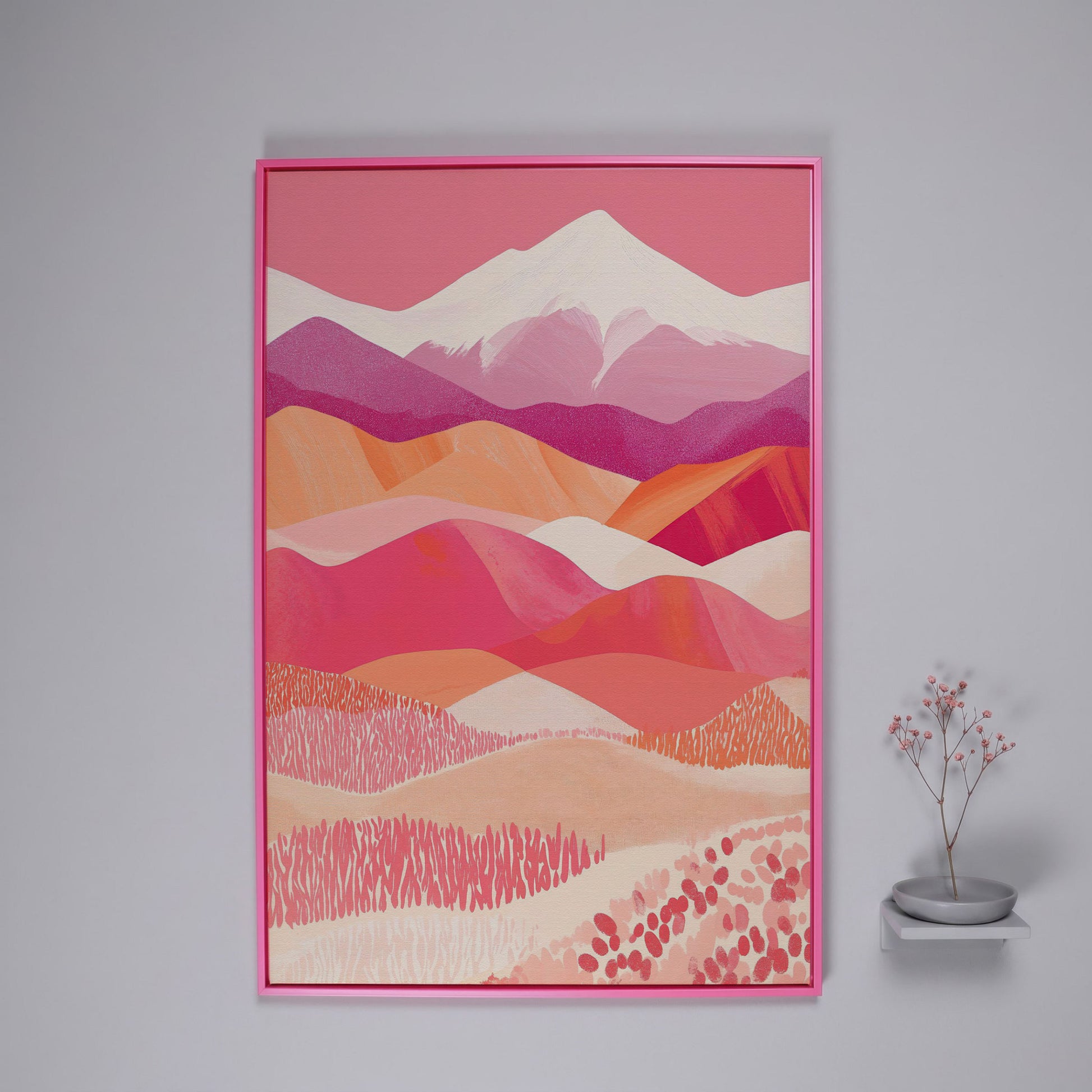 Pink Abstract Landscape Canvas for Bedroom in pink floating frame