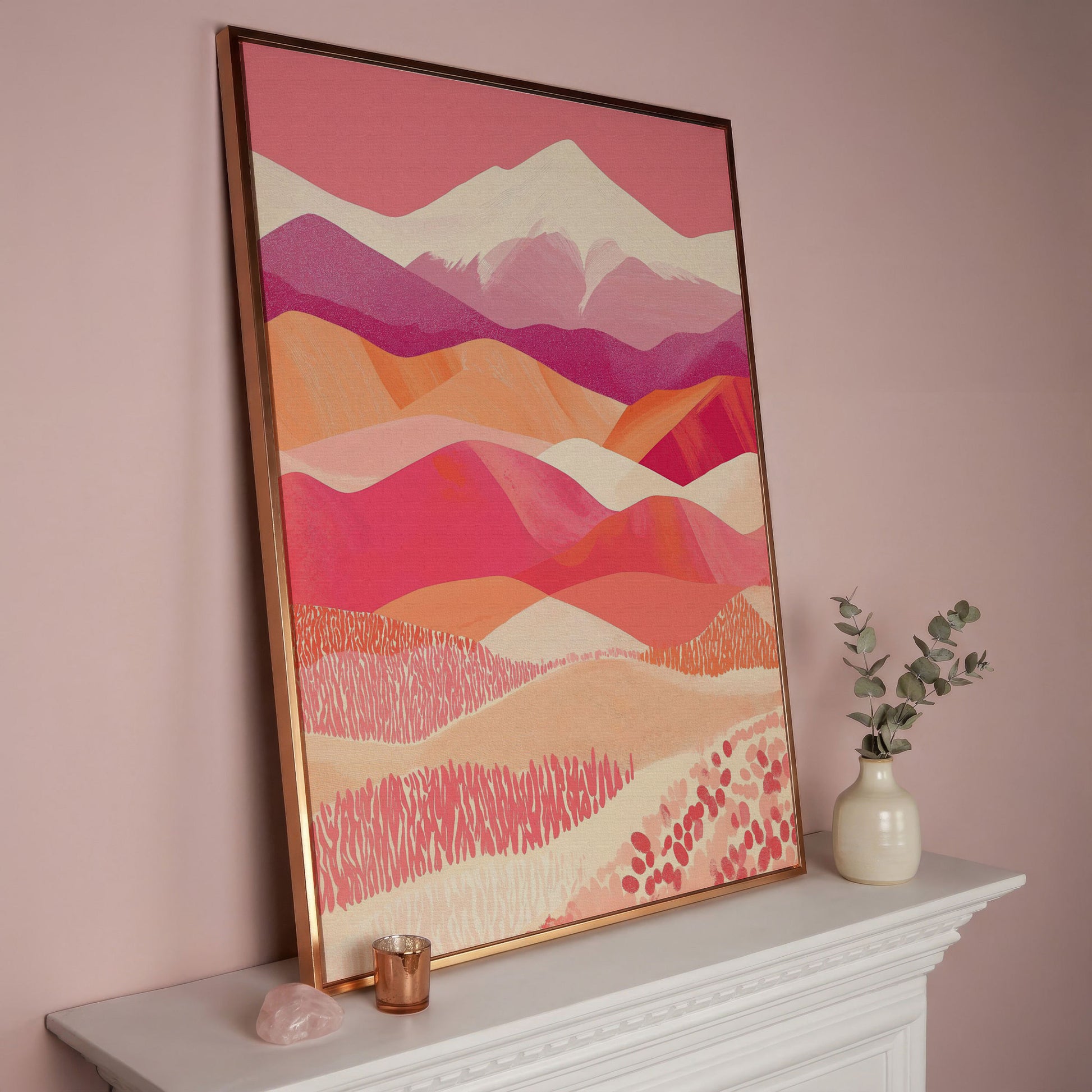 Pink Abstract Landscape Canvas for Bedroom in rose gold floating frame