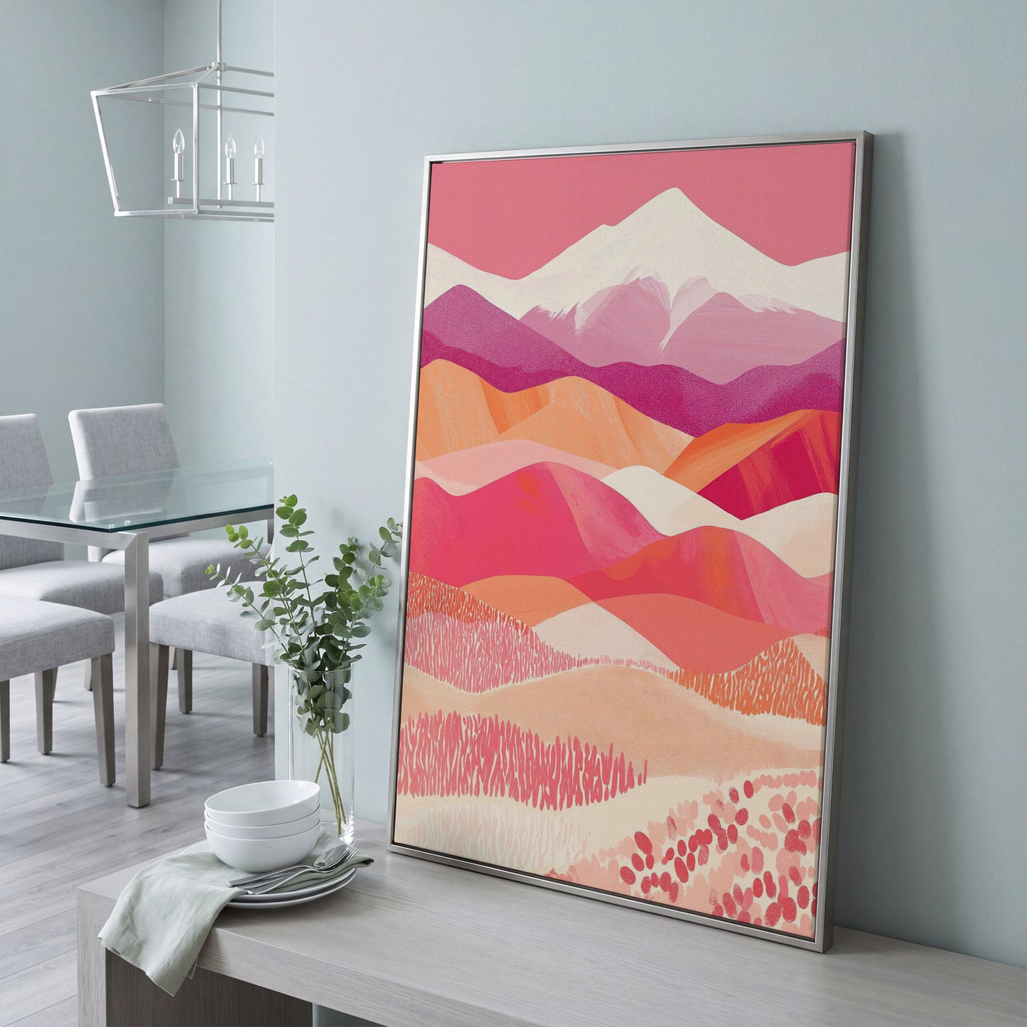 Pink Abstract Landscape Canvas for Bedroom in silver floating frame