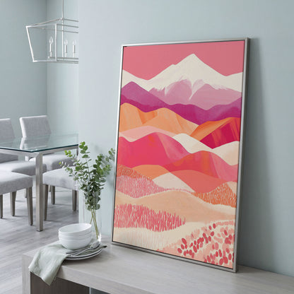 Pink Abstract Landscape Canvas for Bedroom in silver floating frame