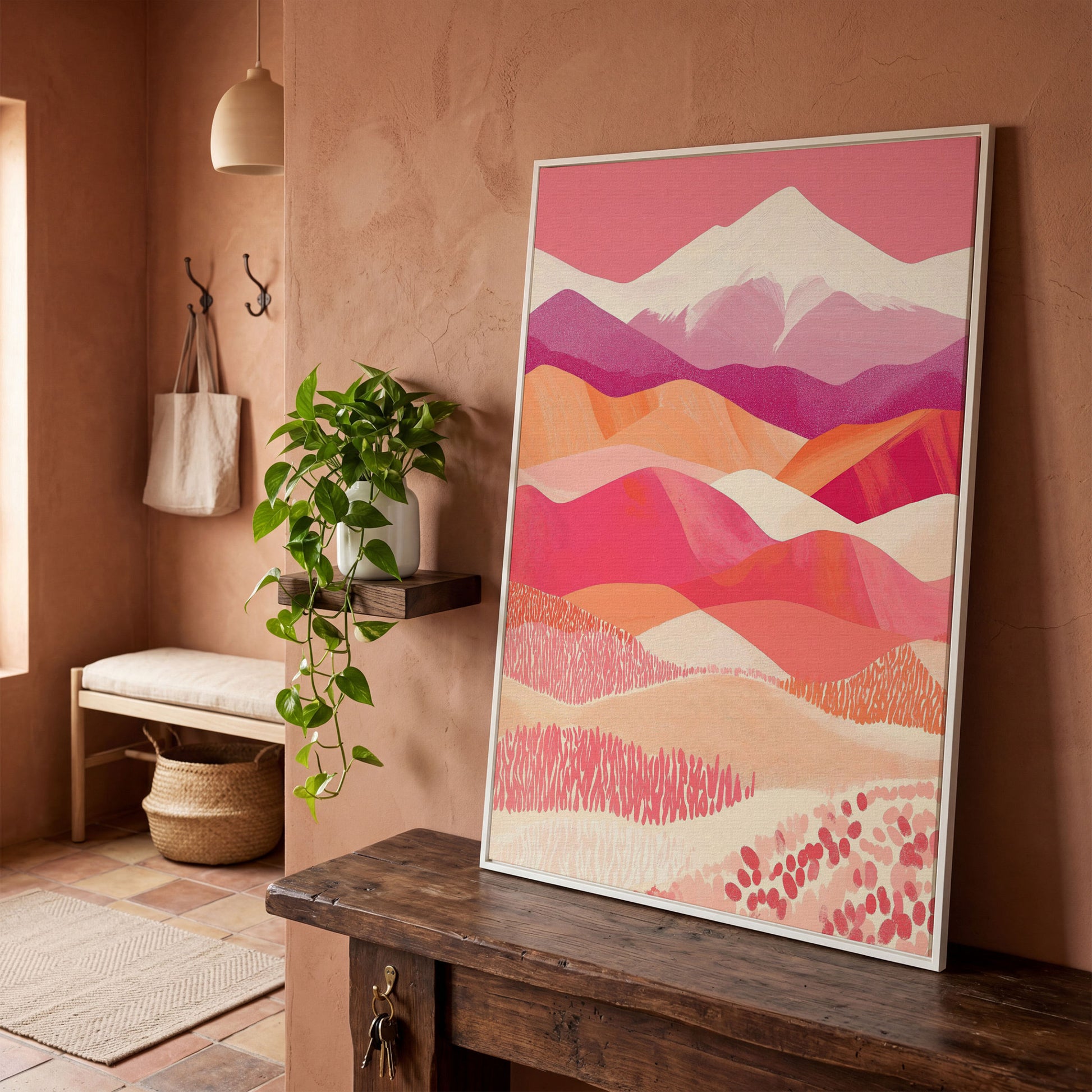Pink Abstract Landscape Canvas for Bedroom in white floating frame