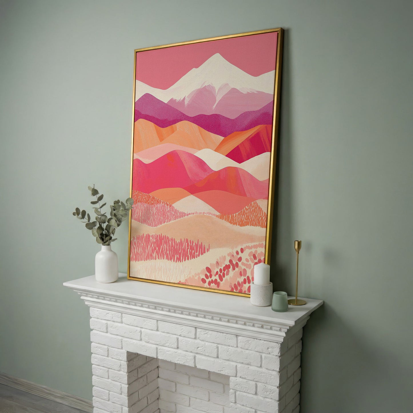Pink Abstract Landscape Canvas for Bedroom in yellow gold floating frame