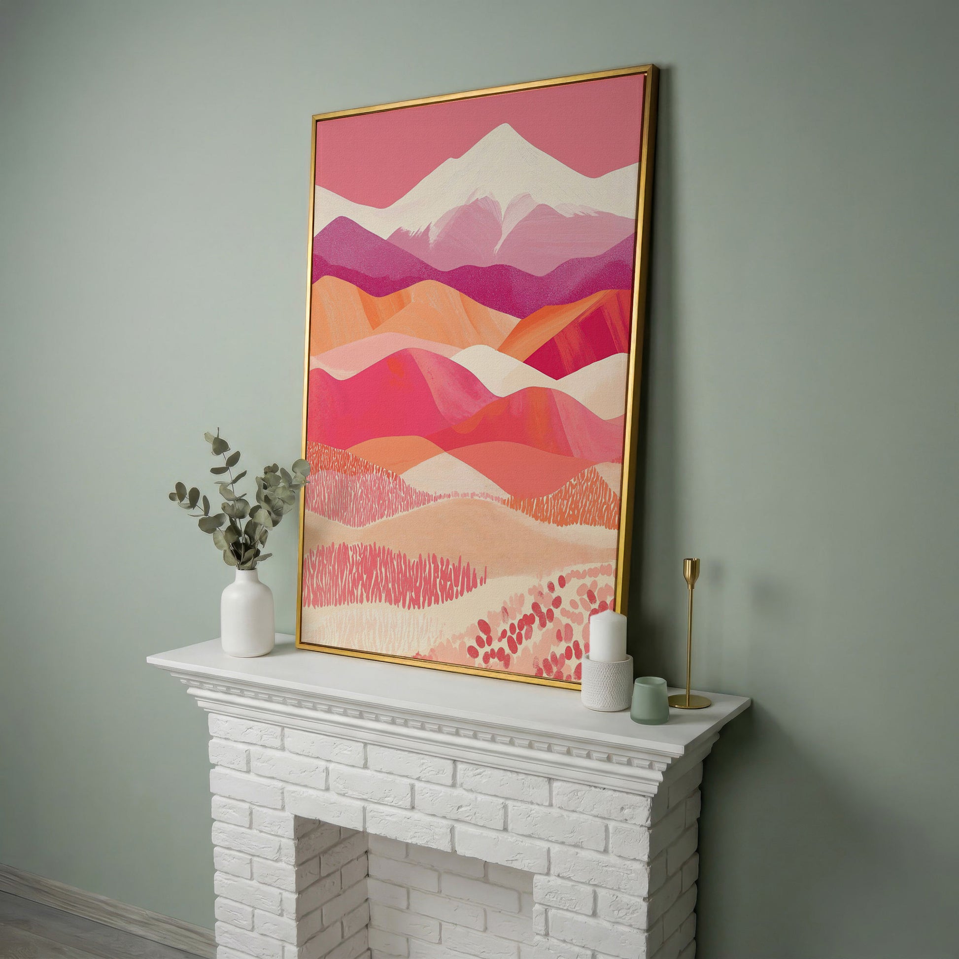 Pink Abstract Landscape Canvas for Bedroom in yellow gold floating frame