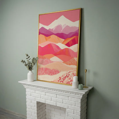 Pink Abstract Landscape Canvas for Bedroom in yellow gold floating frame