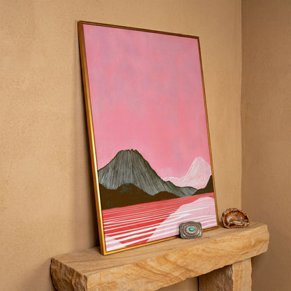 Pink Mountain Landscape Canvas Print in antique gold floating frame