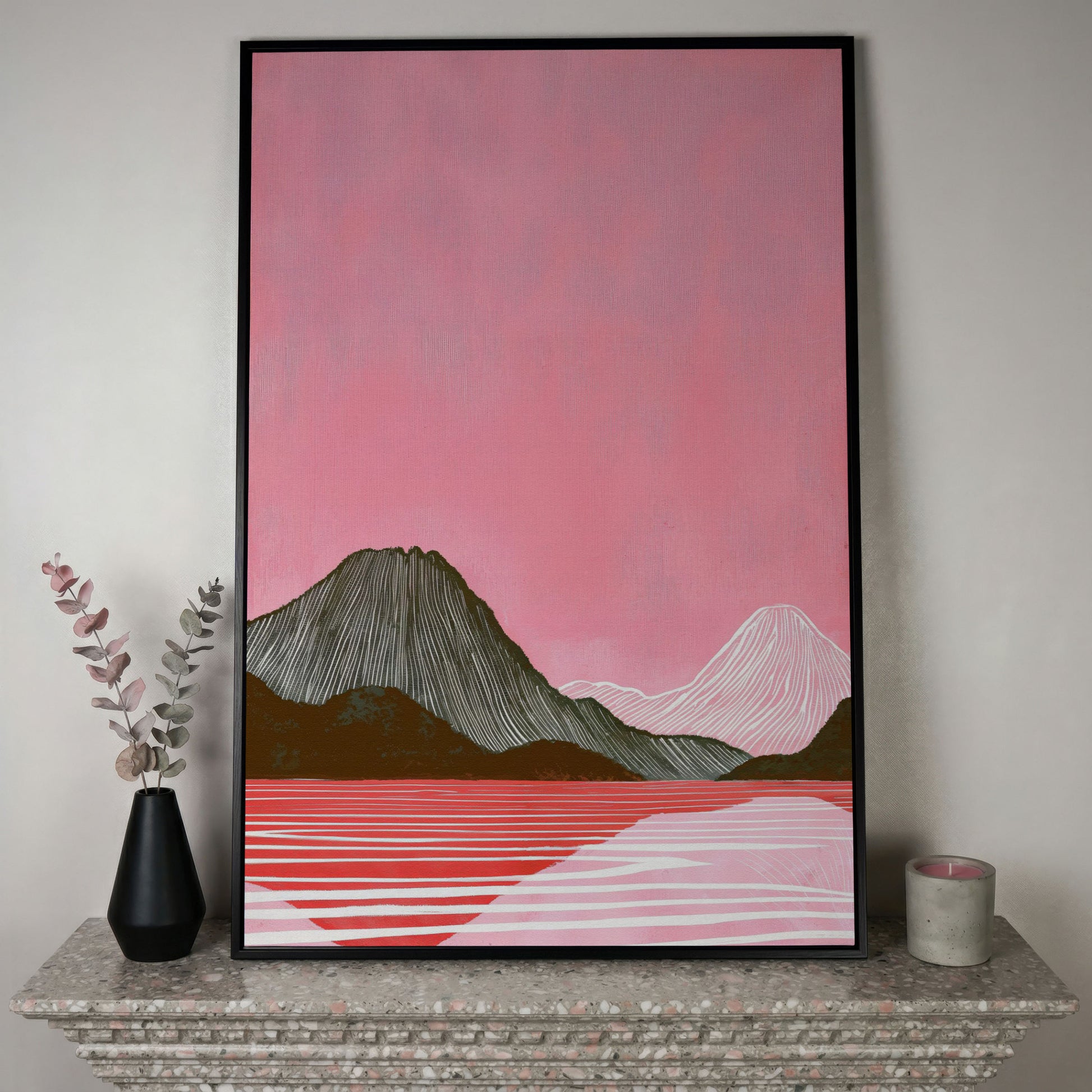 Pink Mountain Landscape Canvas Print in black floating frame