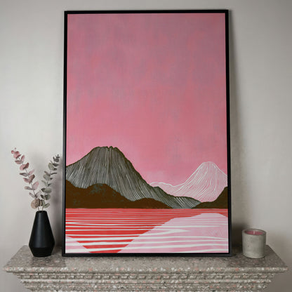 Pink Mountain Landscape Canvas Print in black floating frame