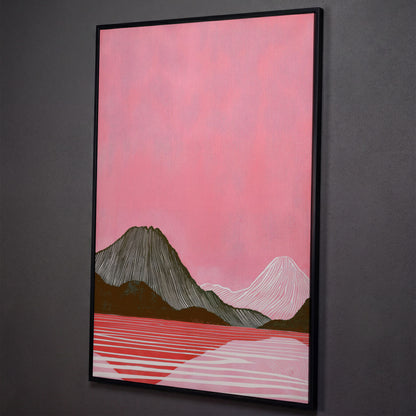 Pink Mountain Landscape Canvas Print shown in black floating frame